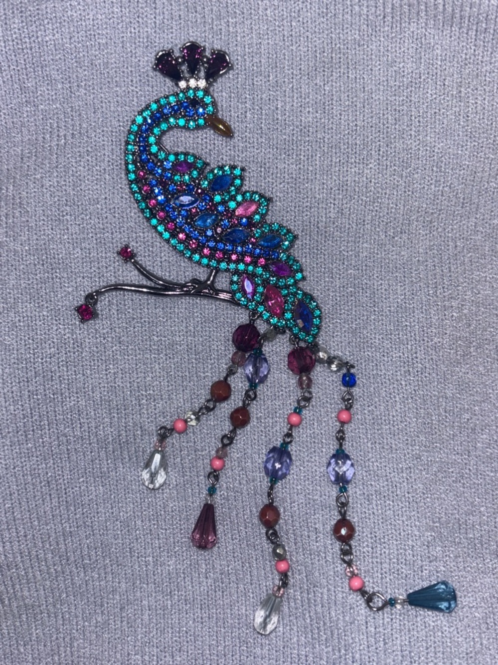 Vintage AVON Rhinestone Peacock Brooch with Colorful Dangling Crystals